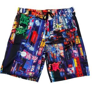 Mens' Size Large Tokyo Neon Night Streetwear Shorts Cyberpunk City Lights